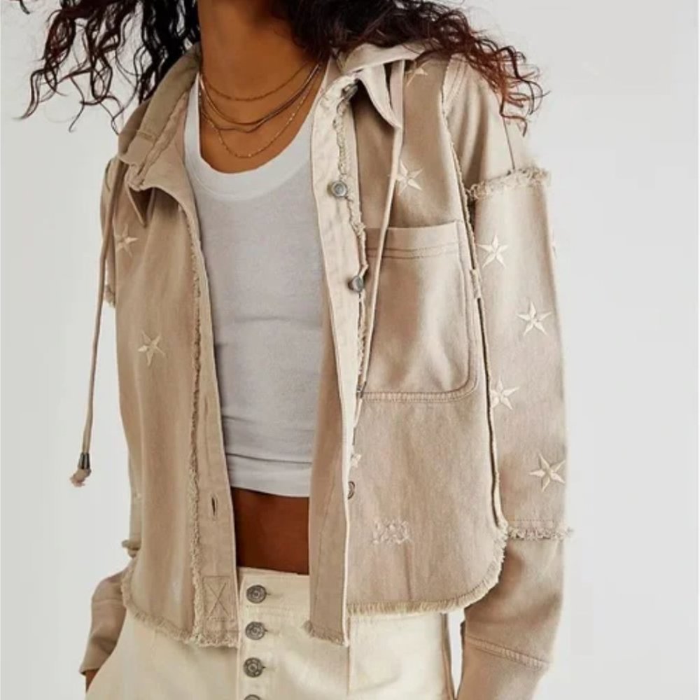 We The Free Free People Beyond the Stars Natural Tan Hooded Crop Jacket Top
